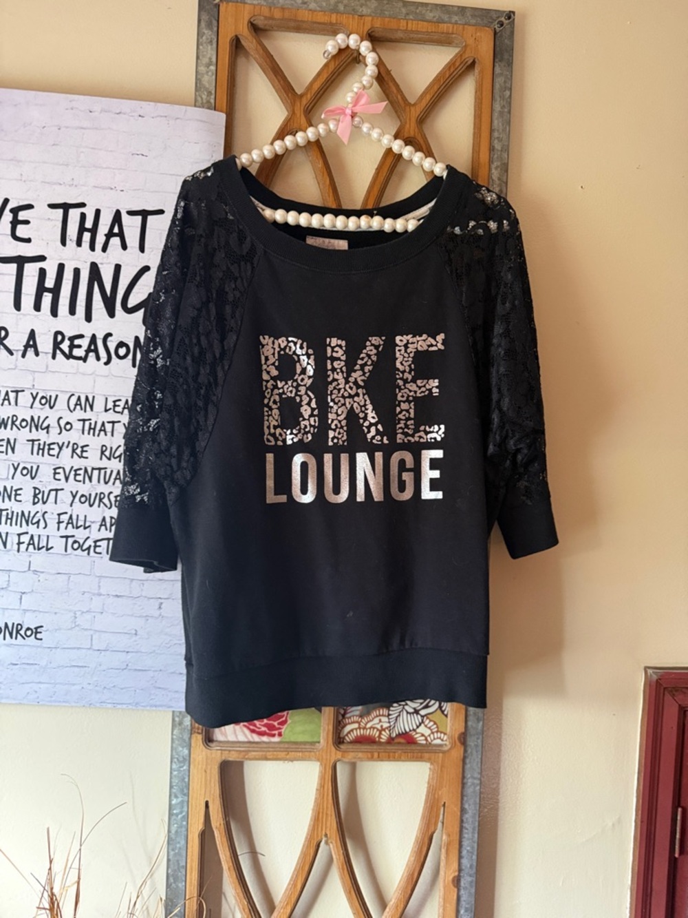 BKE Black Lace-Sleeve Lounge Pullover with Metallic Logo